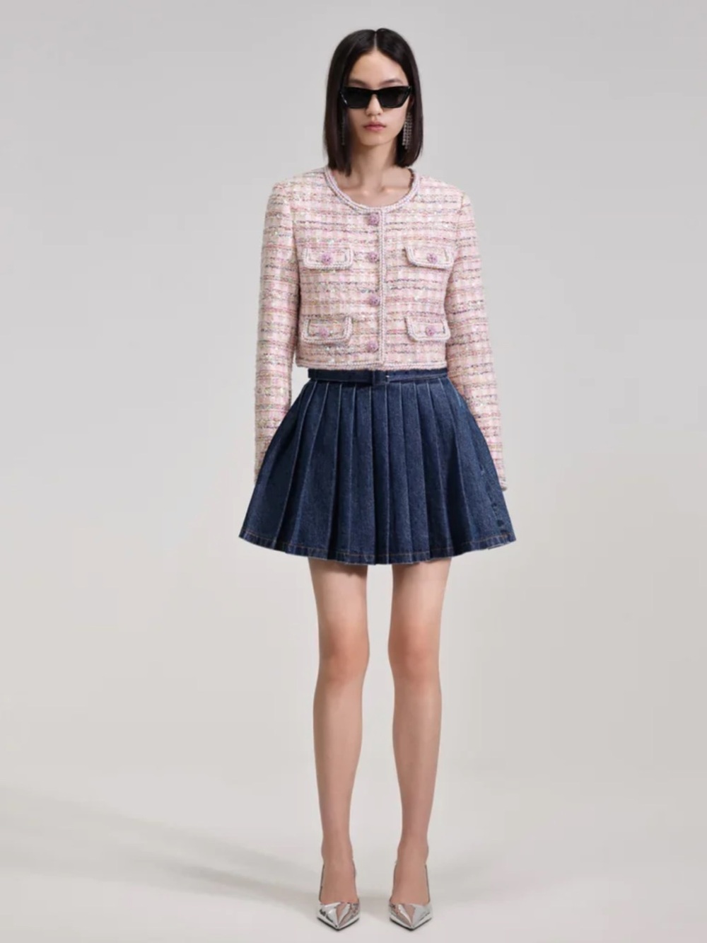 Self-Portrait Navy Pleated Denim Skater Skirt with Belt